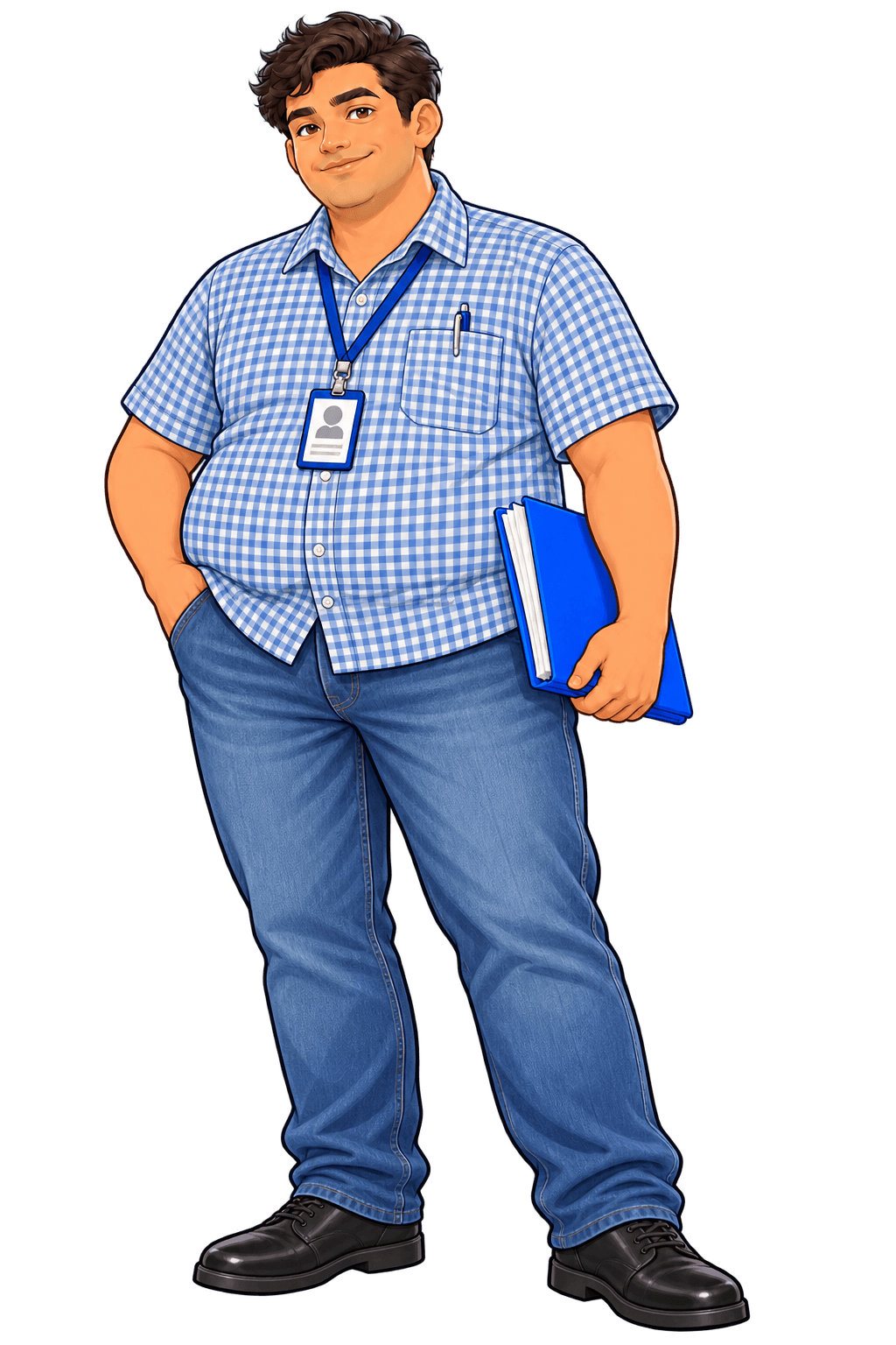 ElTramitero, nuestro personaje con camisa azul y carpeta de documentos